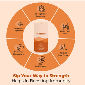 A circular diagram showing the VANADEY AAP KA KADHA Herbal Infusion and six benefits: Strengthens Immunity, Relief from Cold, Relieves Sore Throat, No Added Sugar, Improves Metabolism, and Improves Digestion.