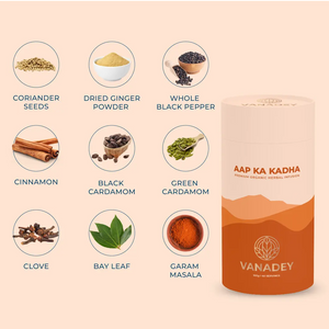 A graphic for VANADEY AAP KA KADHA Herbal Infusion showing nine ingredients: Coriander Seeds, Dried Ginger Powder, Whole Black Pepper, Cinnamon, Black Cardamom, Green Cardamom, Clove, Bay Leaf, and Garam Masala.