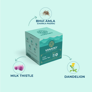 A graphic for VANADEY Liver Detox Tea (green box) highlighting three key herbal ingredients: Bhui Amla (Chanca Piedra), Milk Thistle, and Dandelion.