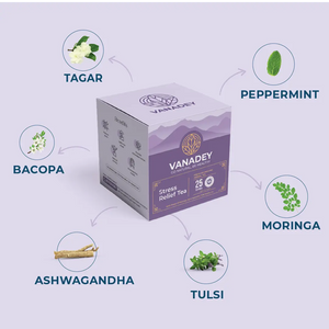 A graphic for VANADEY Stress Relief Tea (purple box) highlighting six key herbal ingredients: Tagar, Peppermint, Moringa, Tulsi, Ashwagandha, and Bacopa.
