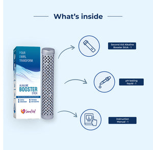 A graphic showing the contents of the Alkaline Booster Stick kit: 1 Booster Stick, 1 pH testing liquid, and 1 Instruction Manual.