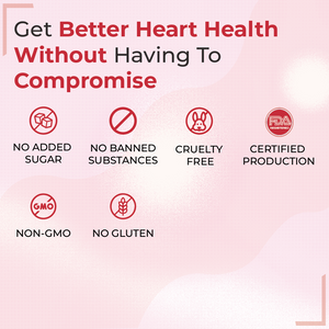 A list of six product features for heart health: No Added Sugar, No Banned Substances, Cruelty Free, Certified Production (FDA Registered), Non-GMO, and No Gluten.