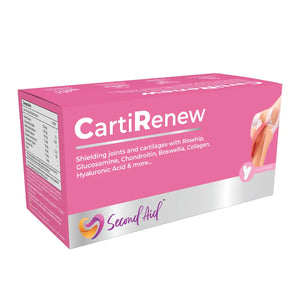 A pink and silver box of Second Aid CartiRenew tablets