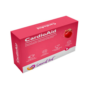 A pink box of Second Aid CardioAid supplement, which is promoted for heart nourishment and benefits like Cardiovascular Improvement and Lowers Cholesterol.
