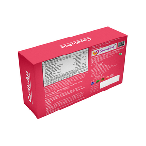 An angled view of a pink Second Aid CardioAid box, showing the side panel with the ingredient composition table.