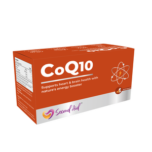 An orange box of Second Aid CoQ10 capsules, which is promoted to support heart & brain health as an energy booster.