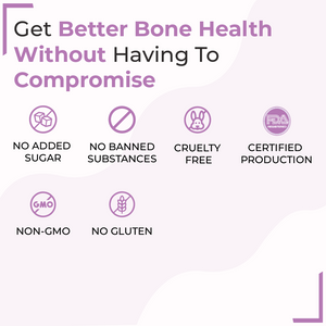 Bone health supplement features: No Added Sugar, Non-GMO, No Gluten, Cruelty-Free, and Certified Production: SecondAid