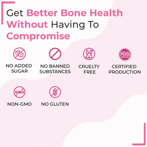 Bone health supplement features: No Added Sugar, Non-GMO, No Gluten, Cruelty-Free, and Certified Production: SecondAid