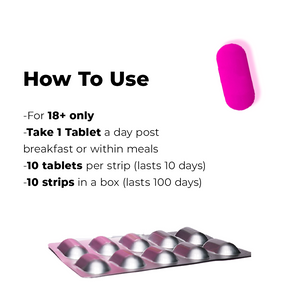 Instructions for a supplement: Take 1 Tablet a day (18+ only), with 10 tablets per strip and 10 strips per box. A pink tablet and blister pack are visible.