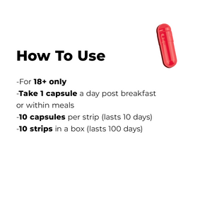 Instructions for a supplement: Take 1 capsule a day (18+ only), with 10 capsules per strip and 10 strips per box. A red capsule is shown.