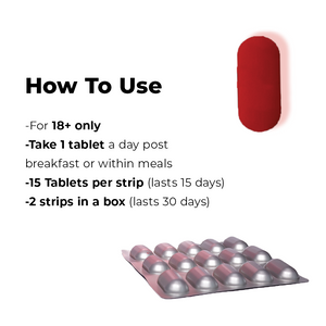 Instructions for a supplement: Take 1 tablet a day (18+ only), with 15 Tablets per strip and 2 strips in a box. A red tablet and blister pack are visible.
