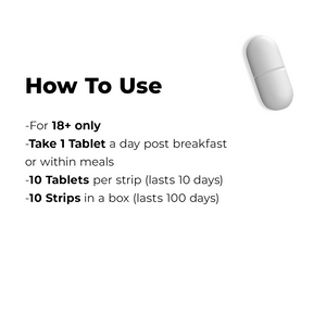 Instructions for adult supplement tablets: take 1 tablet daily, 100-day supply in a box: SecondAid