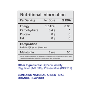 Nutritional information for a 5 mg Melatonin supplement spray with natural orange flavour: SecondAid
