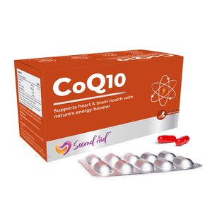 Second Aid CoQ10 supplement box, an energy booster that supports heart and brain health with 10x10 capsules