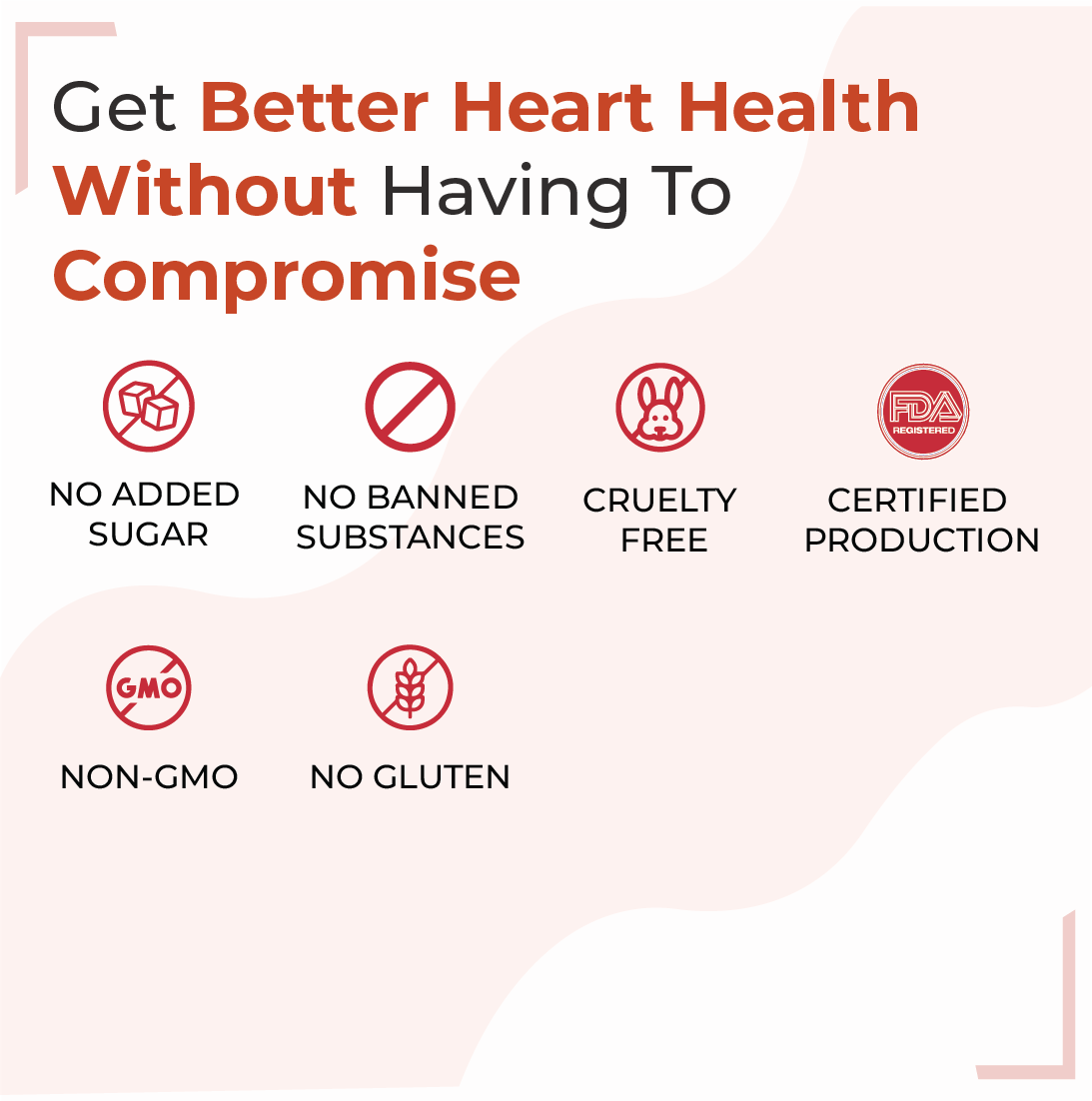 A list of six product features for heart health: No Added Sugar, No Banned Substances, Cruelty Free, Certified Production, Non-GMO, and No Gluten.