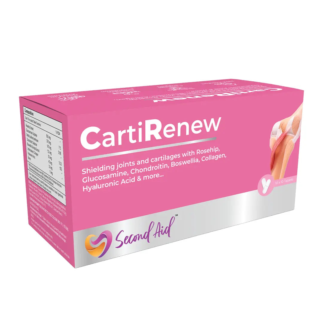 A pink and silver box of Second Aid CartiRenew tablets