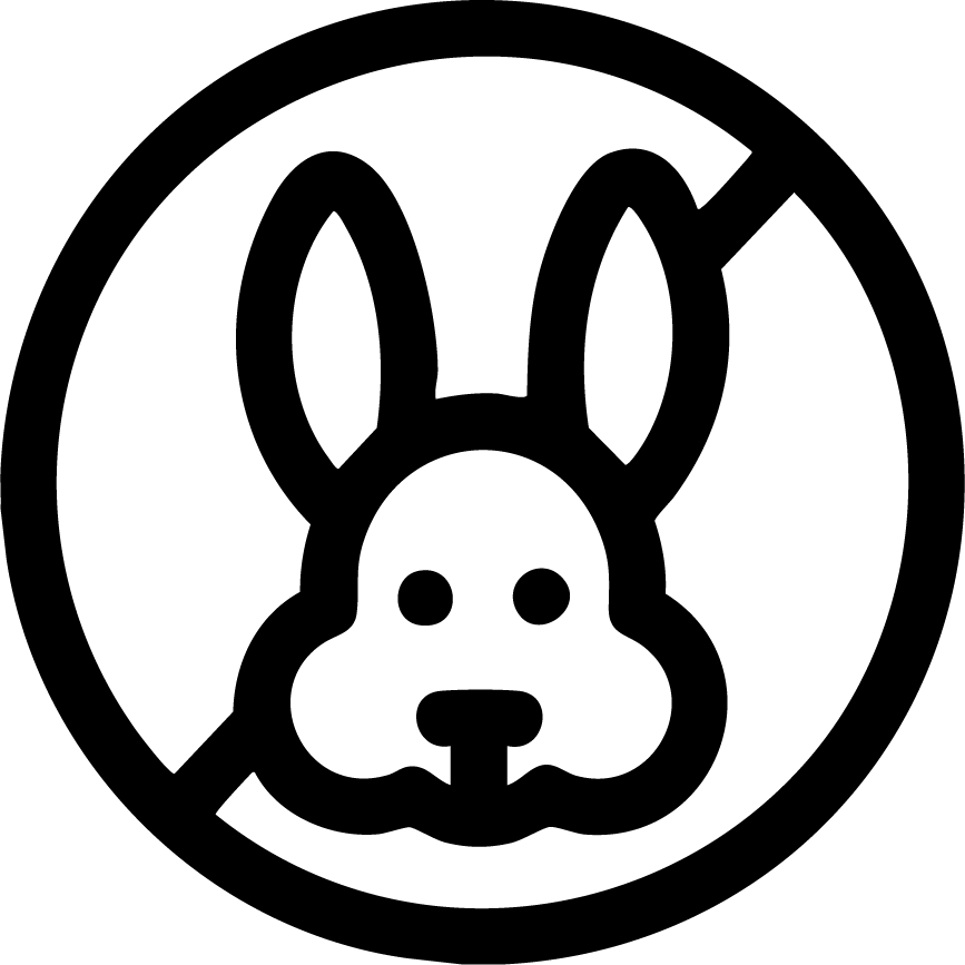 Black and white icon showing a rabbit face inside a circle with a diagonal line through it, symbolizing a "Cruelty-Free" product or "No Animal Testing: SecondAid