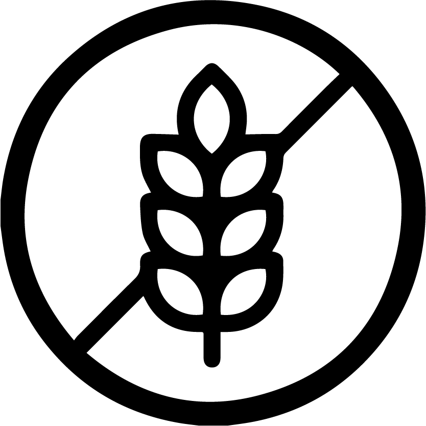 Black and white icon showing a wheat or barley stalk with a diagonal line through it, representing "Gluten-Free" or "No Gluten" for a food or supplement product