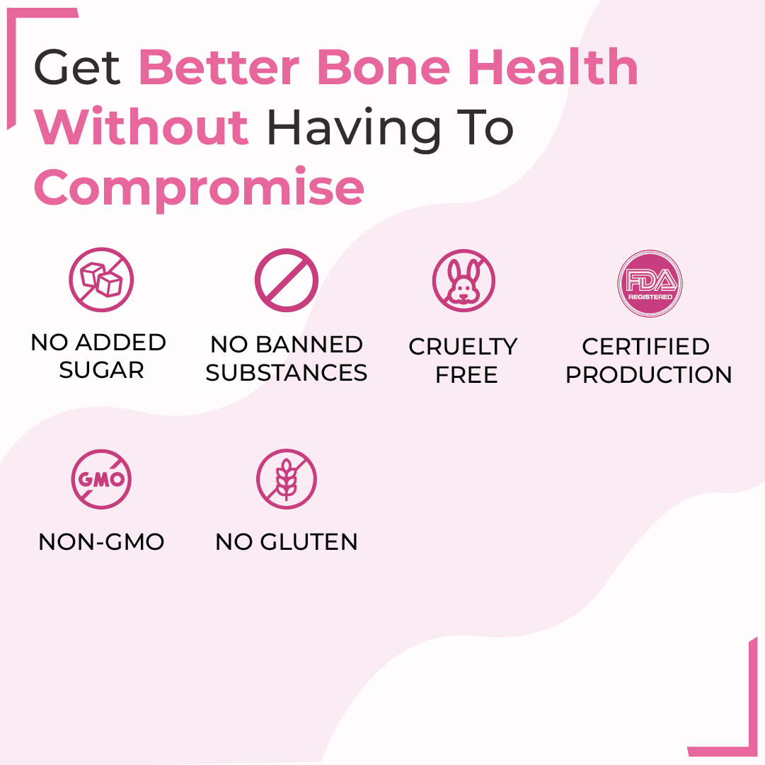 Bone health supplement features: No Added Sugar, Non-GMO, No Gluten, Cruelty-Free, and Certified Production: SecondAid