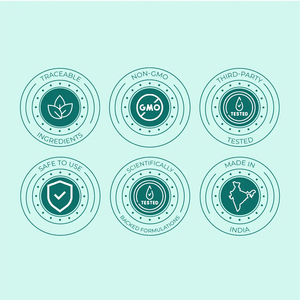 Icons highlighting product features: traceable ingredients, non-GMO, third-party tested, safe to use, scientifically backed formulations, and made in India:  SecondAid