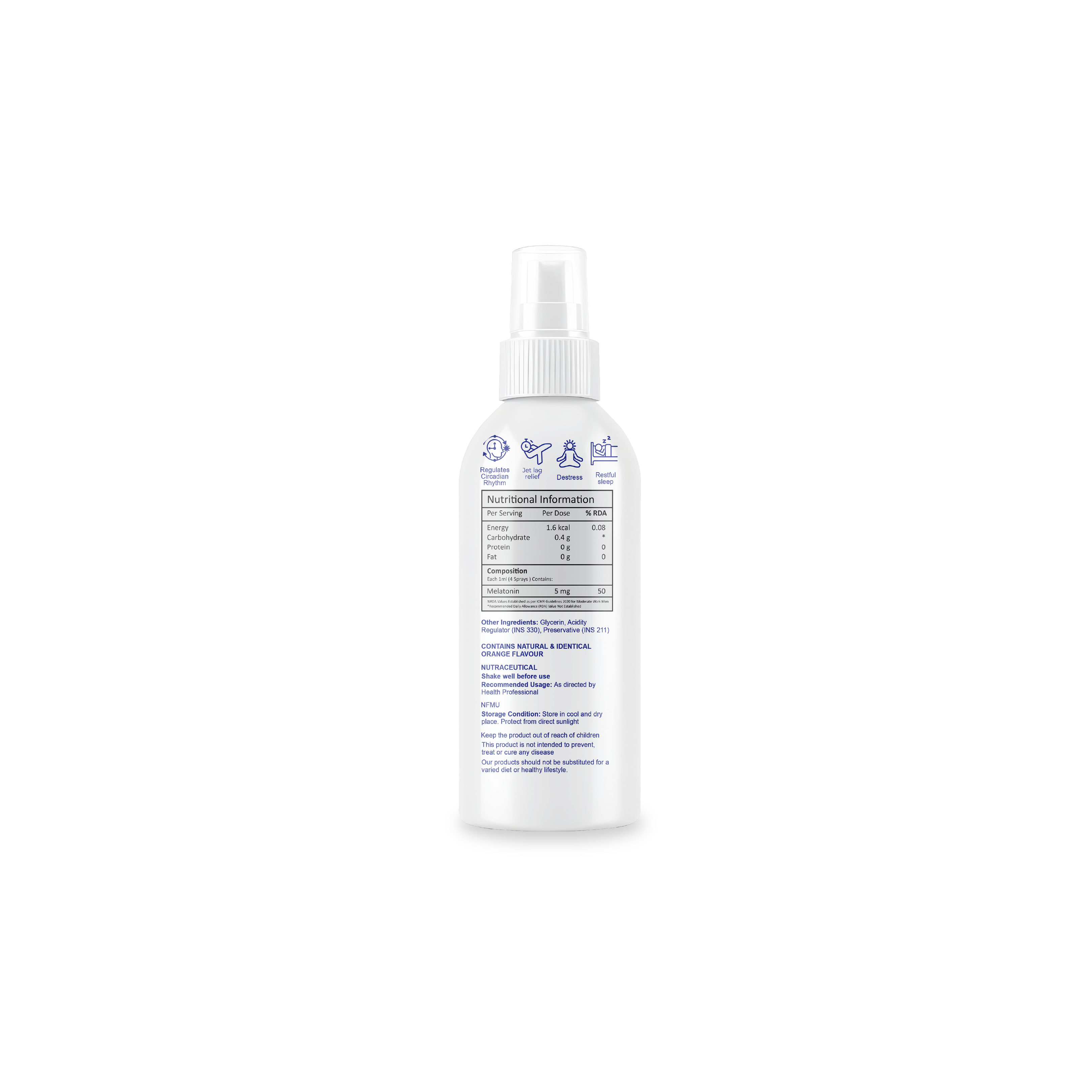 Melatonin 5mg oral spray bottle showing the back label with full nutritional facts: SecondAid