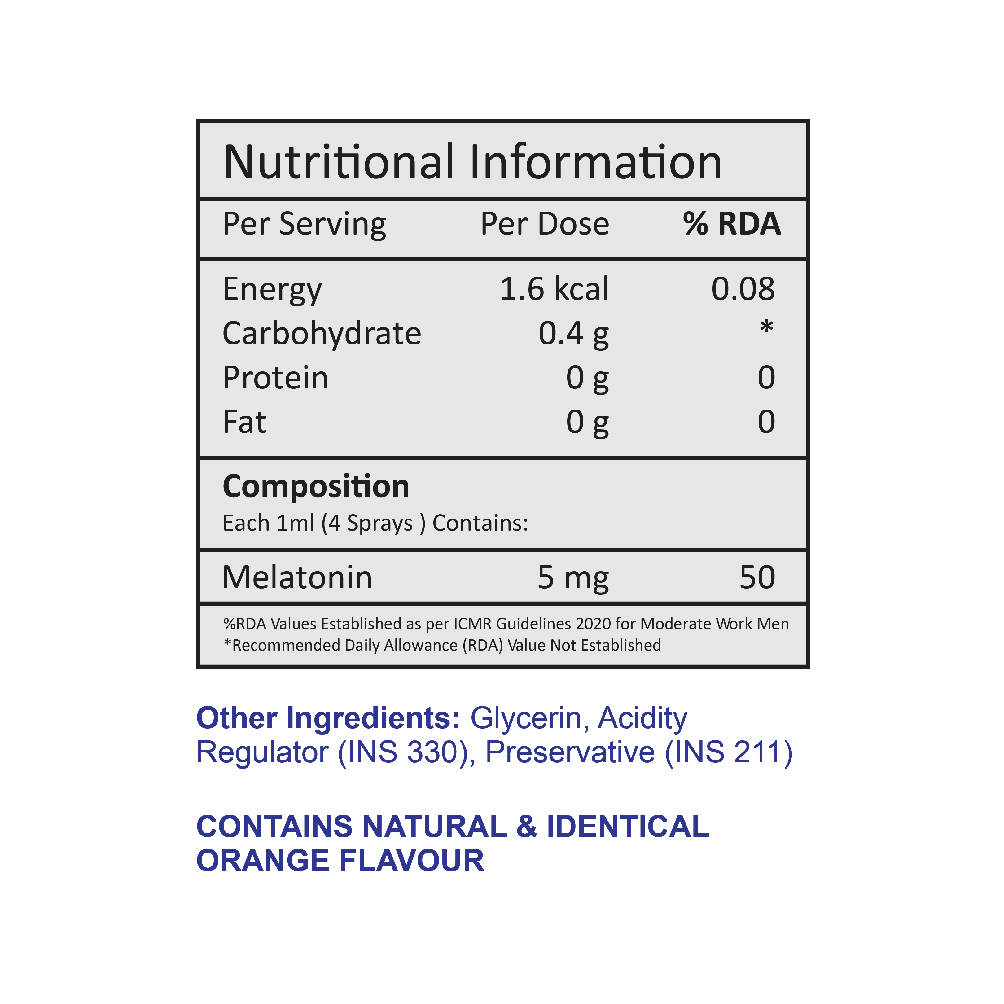 Nutritional information for a 5 mg Melatonin supplement spray with natural orange flavour: SecondAid