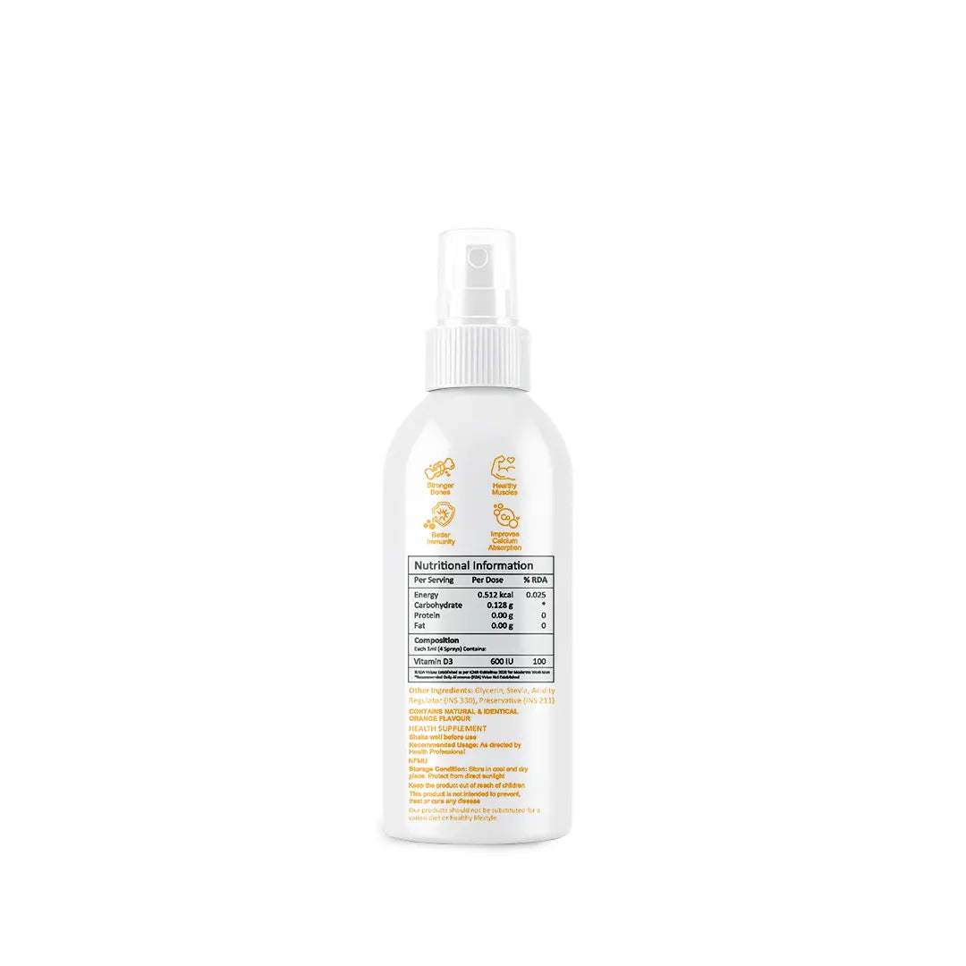 Vitamin D 400 IU oral spray bottle back label with full nutritional facts: SecondAid